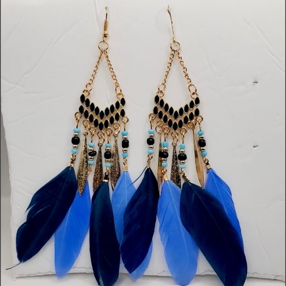 Feather Earrings for Women Bohemian Vintage Dreamcatcher Faux Feather Long Fring - Picture 3 of 5